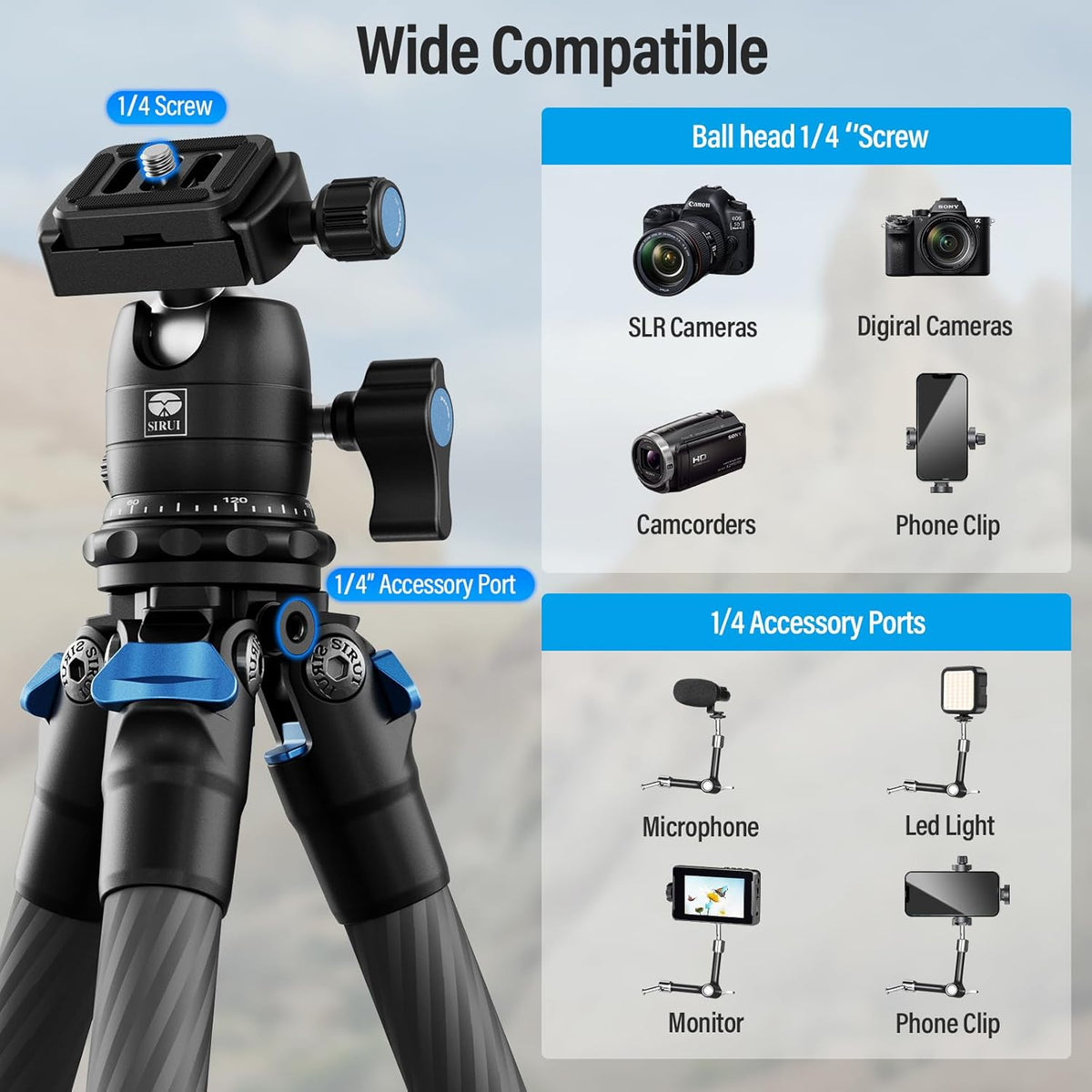 SIRUI Carbon Mini Statief, 43cm Desktop Statief Koolstofvezel met 360° Kogelkop, Draagbaar Mini Tripod voor DSLR Camera Video Camcorder, Belasting tot 10 kg, AM-223+B-00K