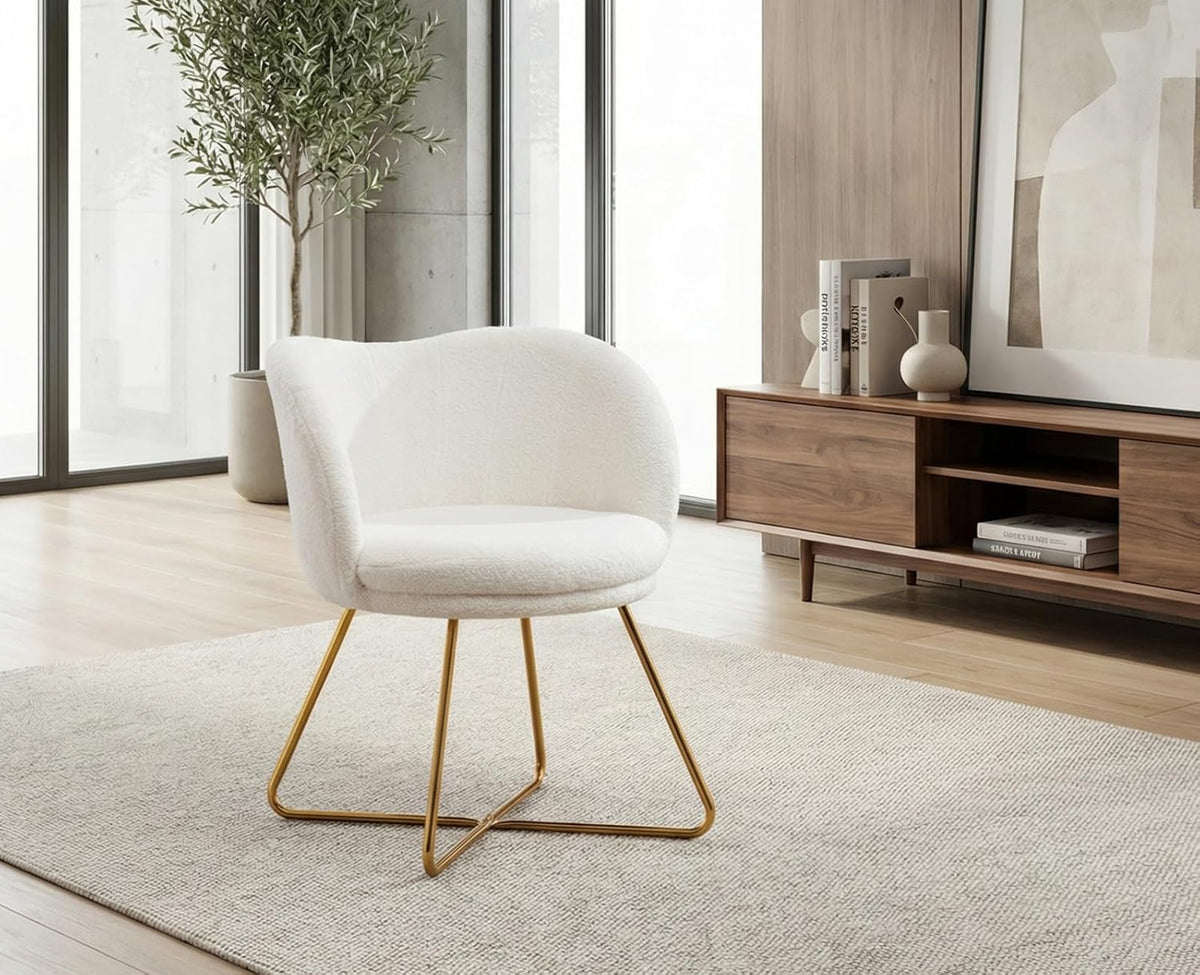 chairus Imitatiebont Fauteuil Gestoffeerde Gelegenheids Accent Stoel met Goudkleurige Metalen Poten Cocktailstoel voor Woonkamer Balkon/Kaptafel, Wit