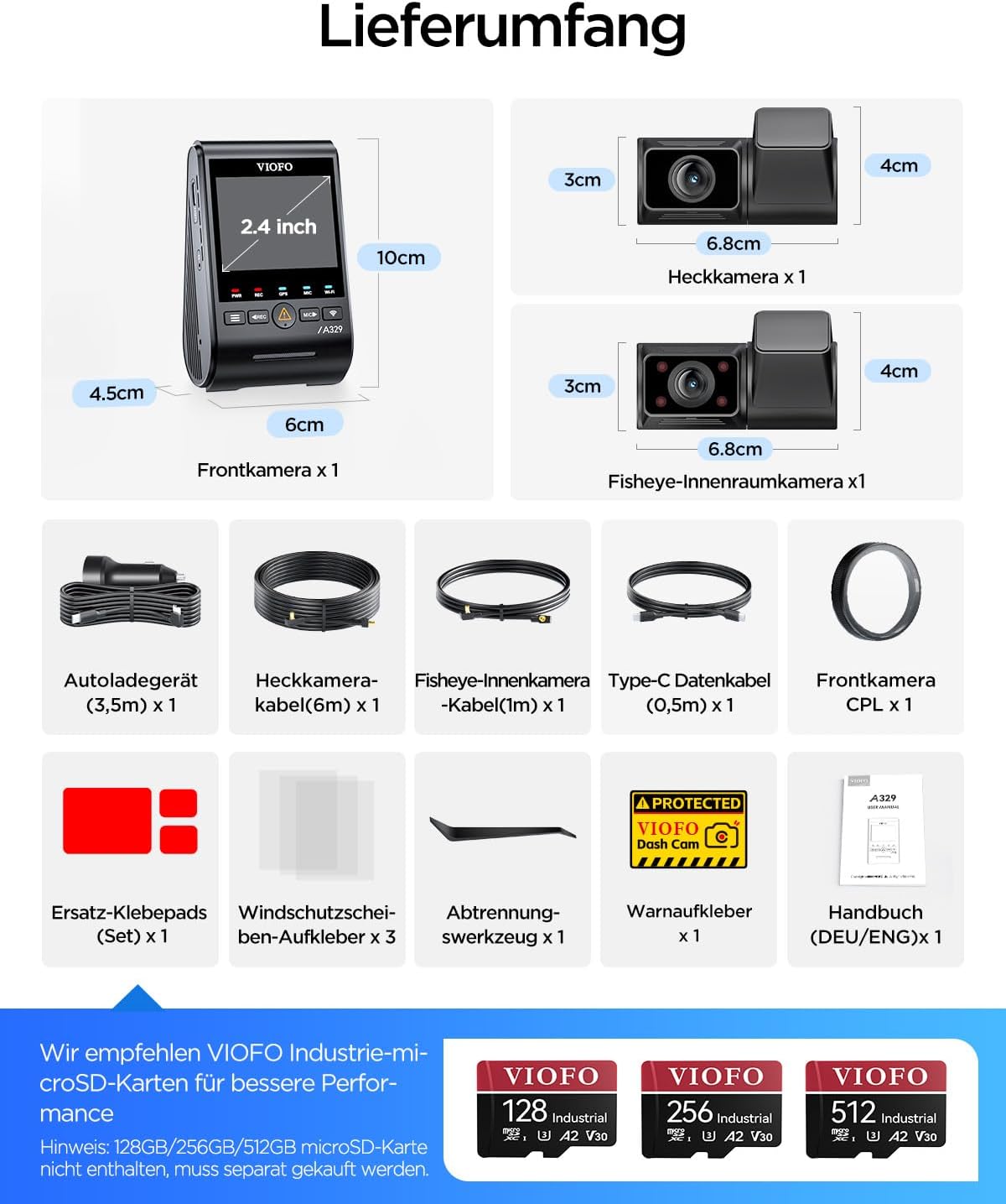 VIOFO A329S 3CH 4K dashcam voor achter, 4K + 2K + 2K dashcam auto 3 lens, energiebesparende parkeermodus, 210° ultragroothoek binnencamera, wifi 6 en app-bediening, drie Starvis 2 autocamera