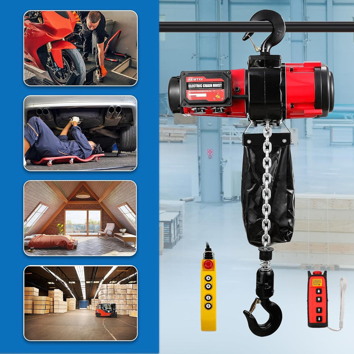 NEWTRY Elektrische kettingtakel van 2500 W, 1000 kg, 2 versnellingen, 4 m/min en 6,8 m/min, borstelloze motor, draadloze en bekabelde bediening, brugkranlift, G80 3 m hefhoogte