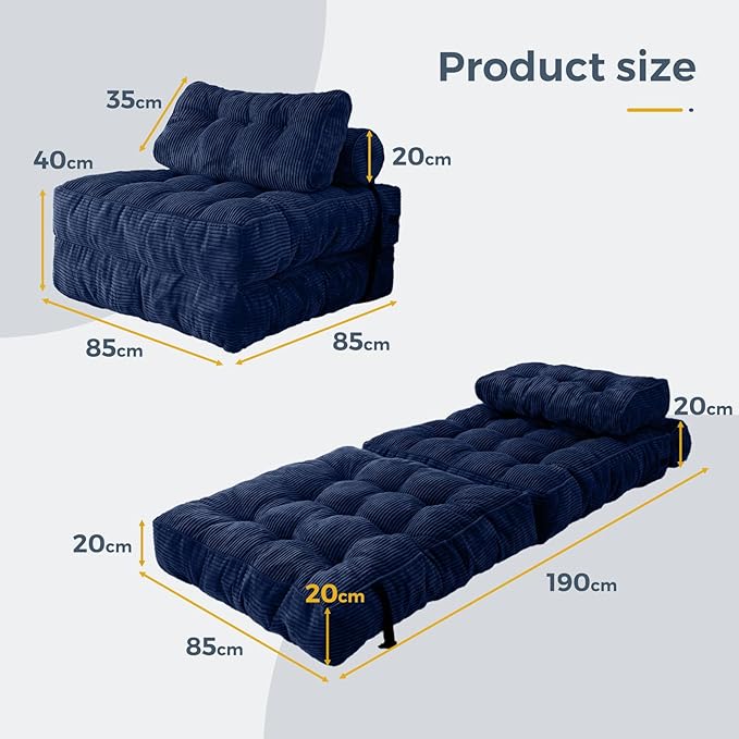 MAXYOYO Opvouwbare slaapbank, converteerbare slaapstoel met kussen, matras met rugsteun, draagbaar stoelbed, comfortabele lounge, voor woonkamer, slaapkamer, marineblauw