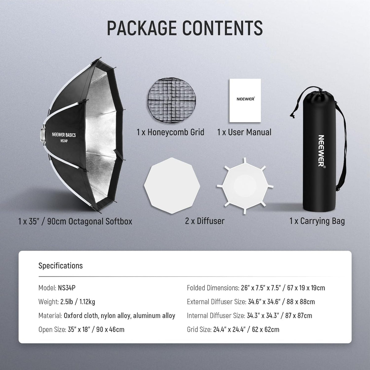 NEEWER BASICS Achthoekige Softbox Kit voor Studio Fotografie Video-opname Streaming, 35"/90cm Quick Release Bowens Mount Softbox/Grid/Lichtdiffusers/Bag, voor Continue Verlichting Strobe Flash, NS34P