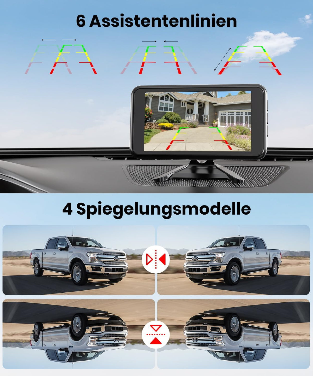 Draadloze achteruitrijcamera op zonne-energie: snelle installatie van twee minuten & HD 1080p met 5 inch monitor, krachtig nachtzicht, IP69K auto waterdichte achteruitrijcamera, draadloze set