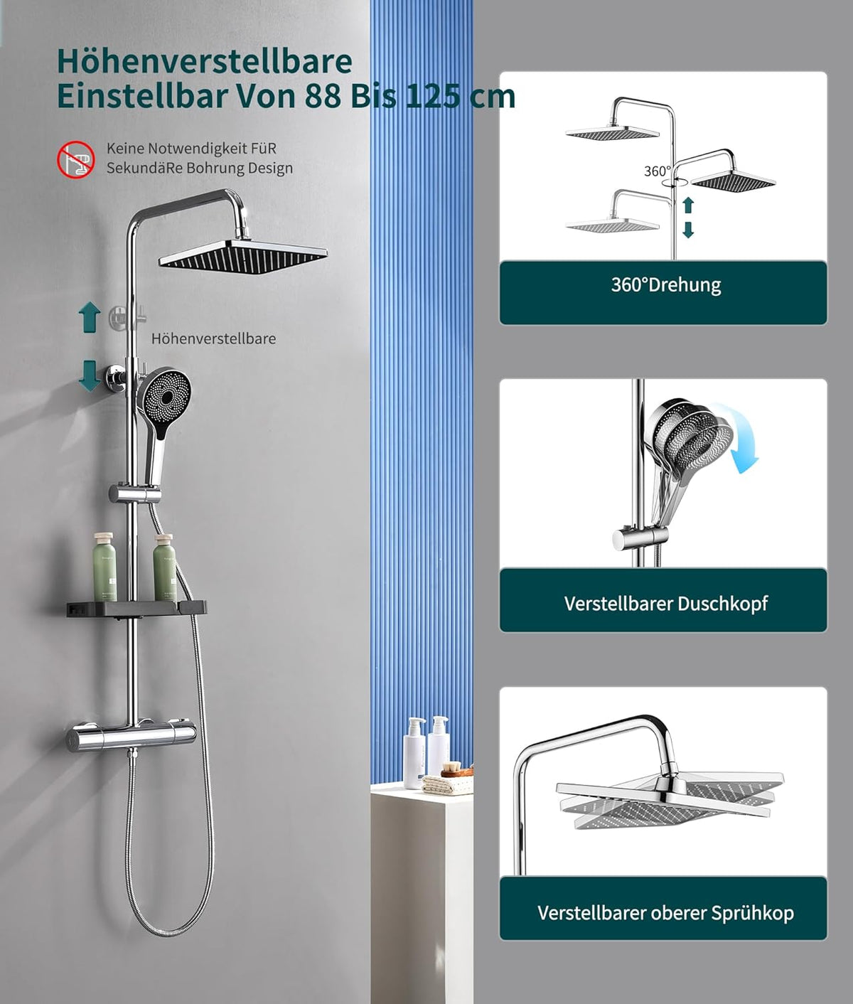 Douchethermostaat – Douche Set – Regendouche – Handdouche – Doucherail – 360° Draaibaar – Thermostaatkraan Met Geheugenfunctie – Roestvrijstalen Kompleet Systeem Chroom