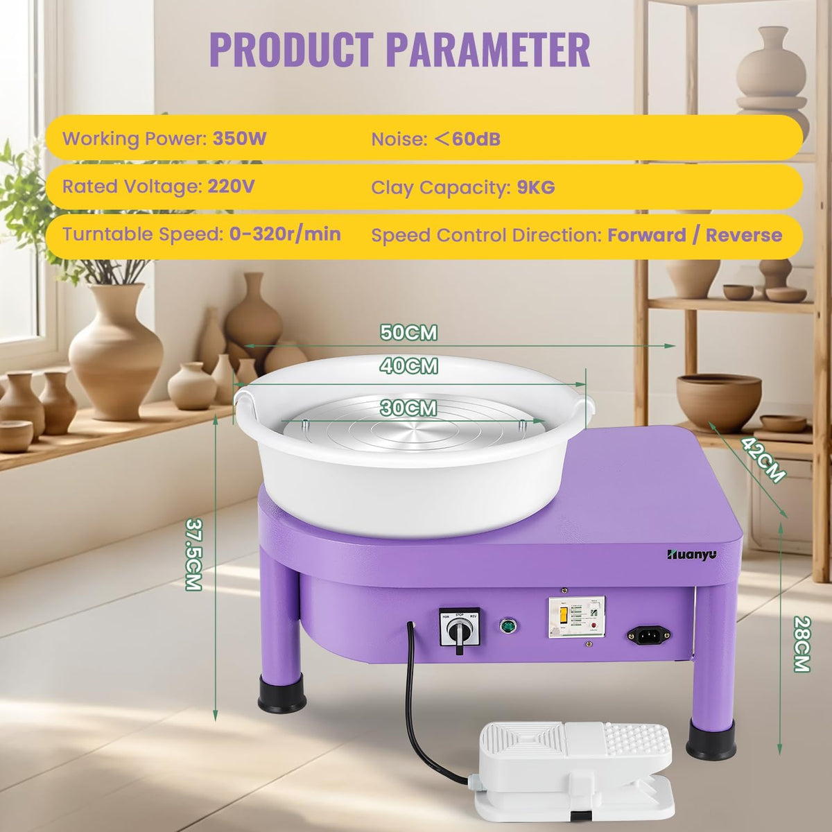 Pottenbakkersschijf – Keramiekdraaischijf – Pottenbakkerswiel – Elektrische Draaischijf – Pottenbakkersplaat Lila – 30 cm Diameter – 350 W Motorkracht - QUORE
