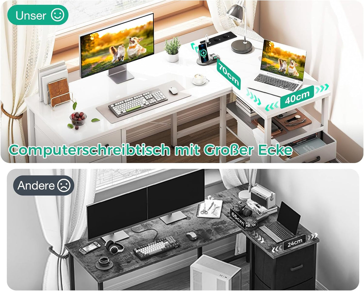 Coleshome Bureau met Stoffen laden, Omkeerbaar Bureau, 140 x 80 cm L-vorm met Aktlade, Hoekbureau met USB-Oplaadpoort en Stopcontact, Thuiskantoor, Bureau, Wit