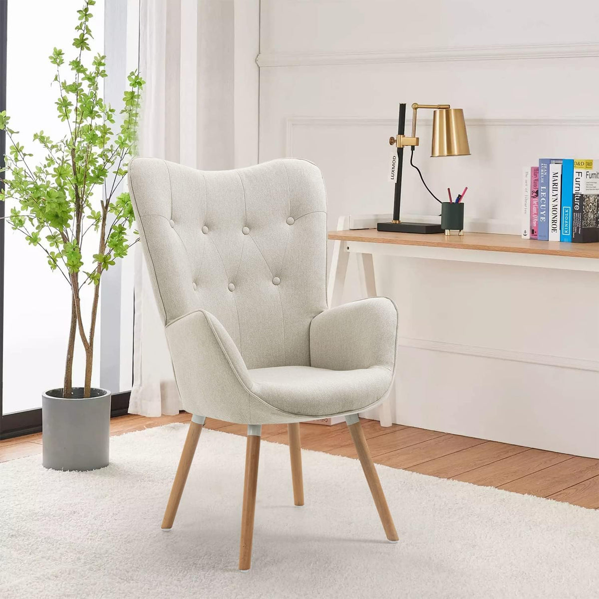 MEUBLE COSY Set van 2 fauteuils voor woonkamer accentstoel met hoge vleugelrug en gewatteerde armleuningen, houten poten, bank voor lezen lounge slaapkamer ingang, beige, metaal, 66x71x106 cm