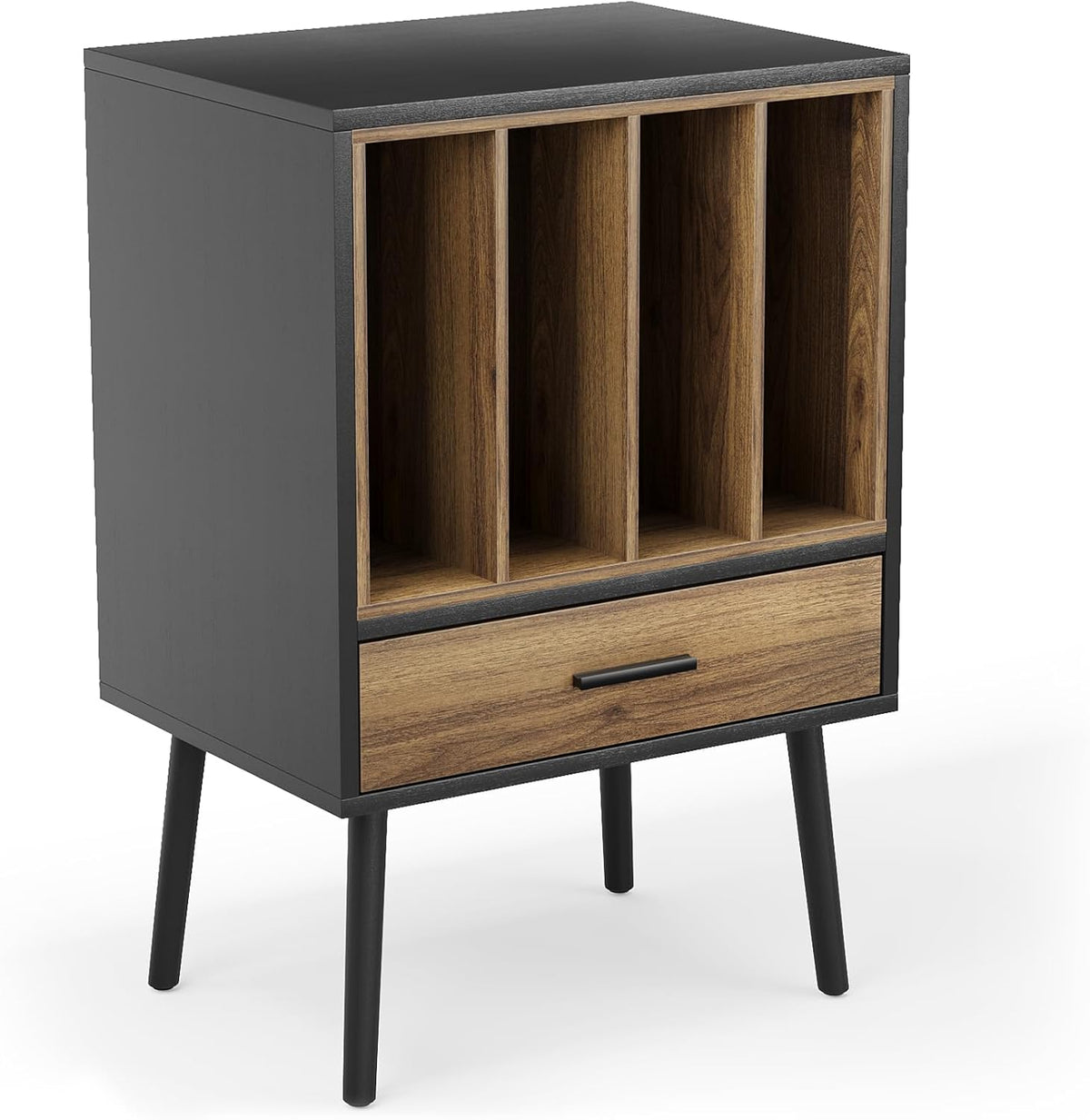 Semiocthome Platenspelerstandaard met opbergkist van vinyl voor maximaal 160 albums, platenspelertafel met lade en massief houten poten, bijzettafel voor draaitafels voor woonkamer slaapkamer