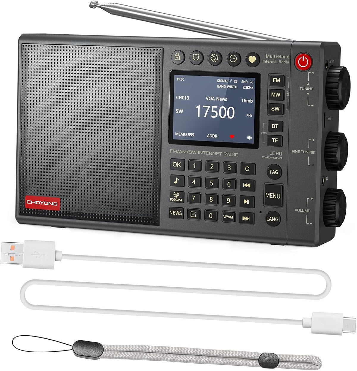 CHOYONG LC90 Wi-Fi/4G internetradio, draagbare FM/LW/MW/SW radio met oplaadbare 5000mAh batterij, 40K radiostations, BT-luidspreker, wekker, 15W stereoluidsprekers, ondersteuning TF-kaart
