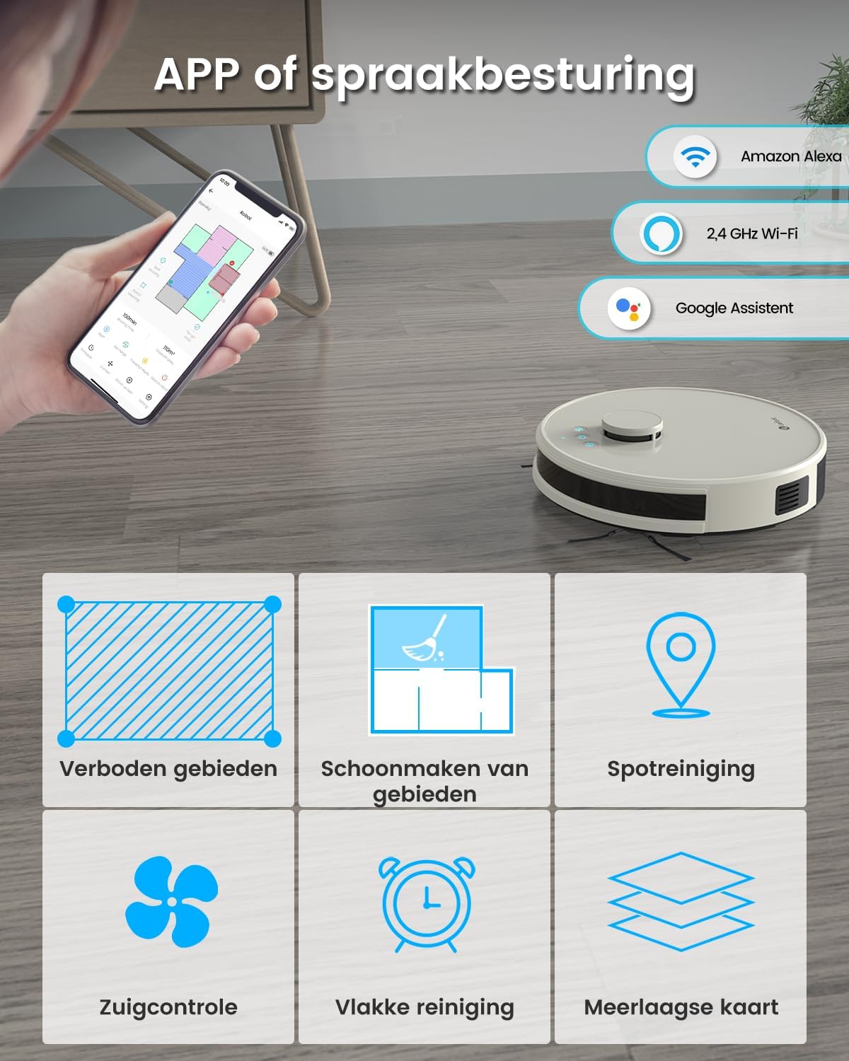 LEFANT M1 Robotstofzuiger en dweilrobot met kaart, 5500 Pa, 200 min, lasernavigatie met dToF, gepersonaliseerde reiniging, verboden zone, Alexa/WiFi/app, ideaal voor intelligent thuis, champagne