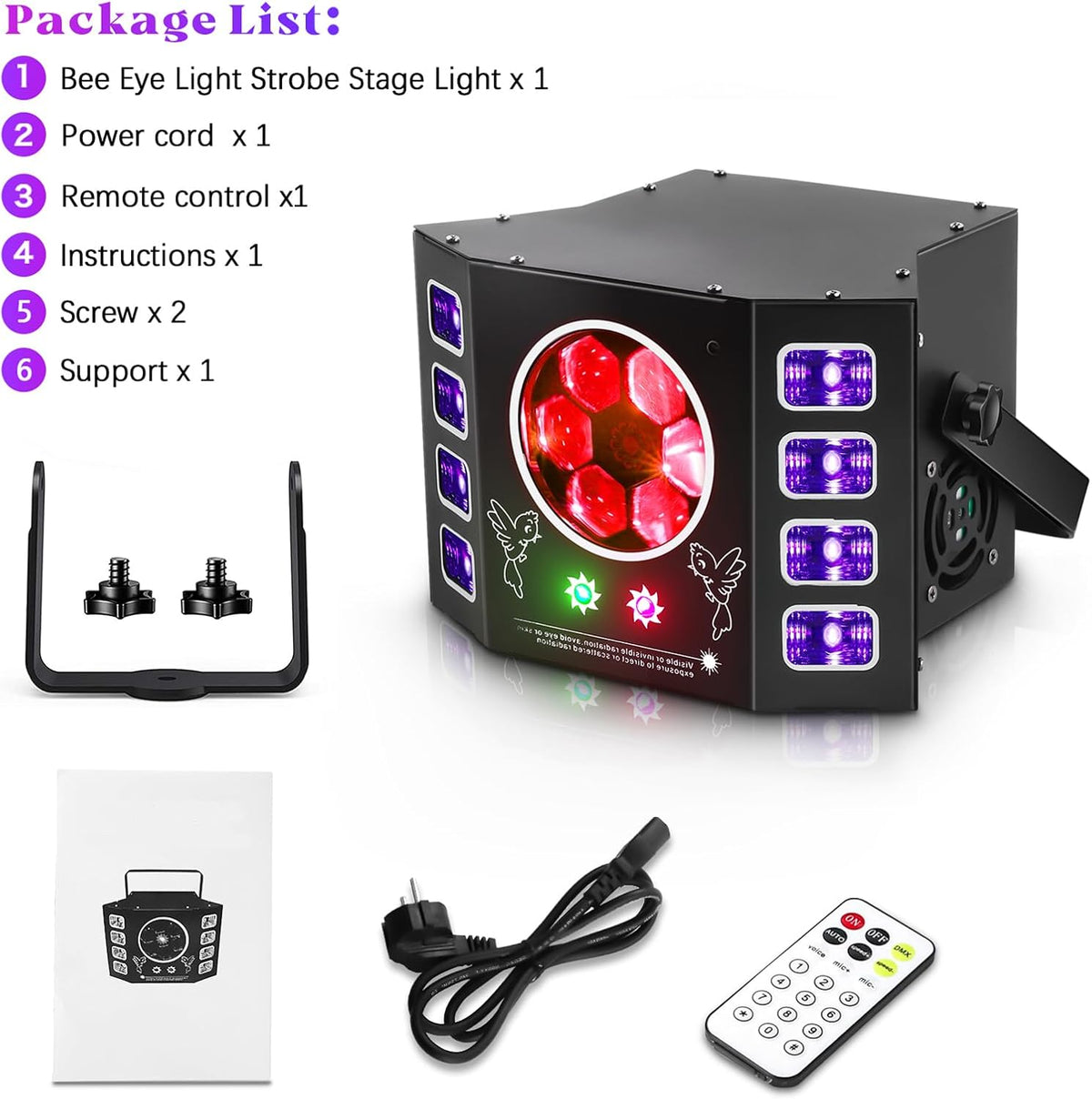 Lichtspel, discolicht, 100 W, feestlicht, bijenoog, uv-flitslicht, 14 DMX-kanalen met spraakbediening, afstandsbediening, geschikt voor bruiloft, verjaardagsfeest, Halloween