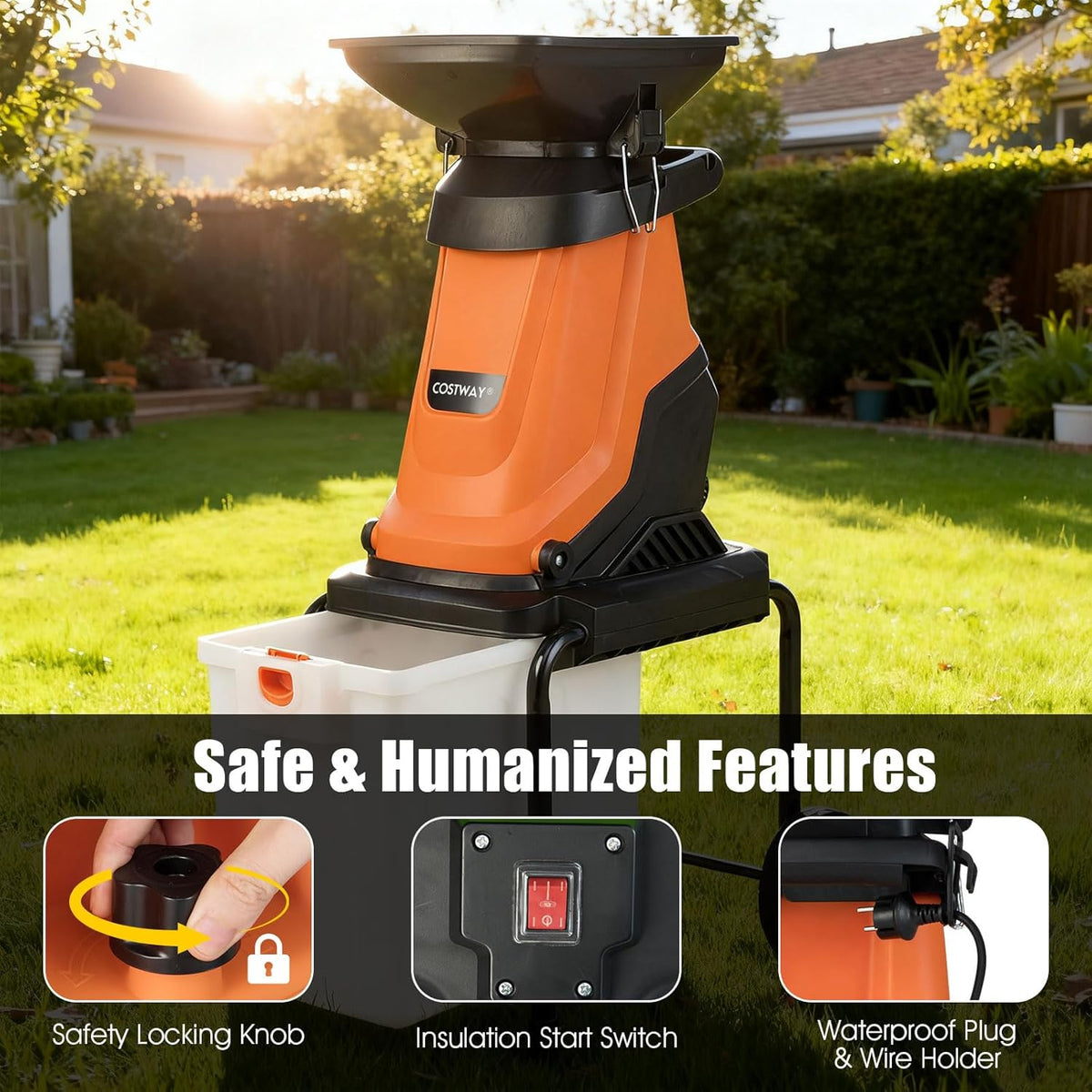 FANTASK Tuinhakselaar, elektrische hakselaar met wielen en 50 l opvangbox, snijdikte 45 mm, elektrische houthakselaar met kabel, messenhakselaar voor tuinreiniging, oranje, 3000 W 55 x 44 x 106 cm