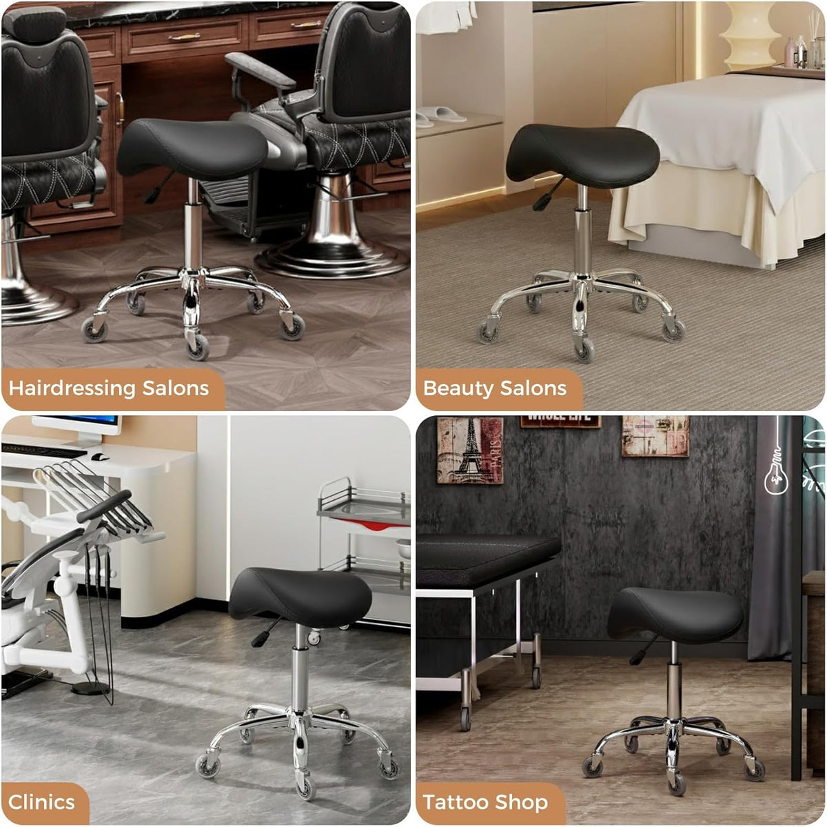 BEWISHOME Ergonomische Zadelkruk met Wieltjes, Hydraulisch in Hoogte Verstelbaar, Groot Zitkussen, Kapsalons, Schoonheidssalons, Massageklinieken en Spa's (Zwart)