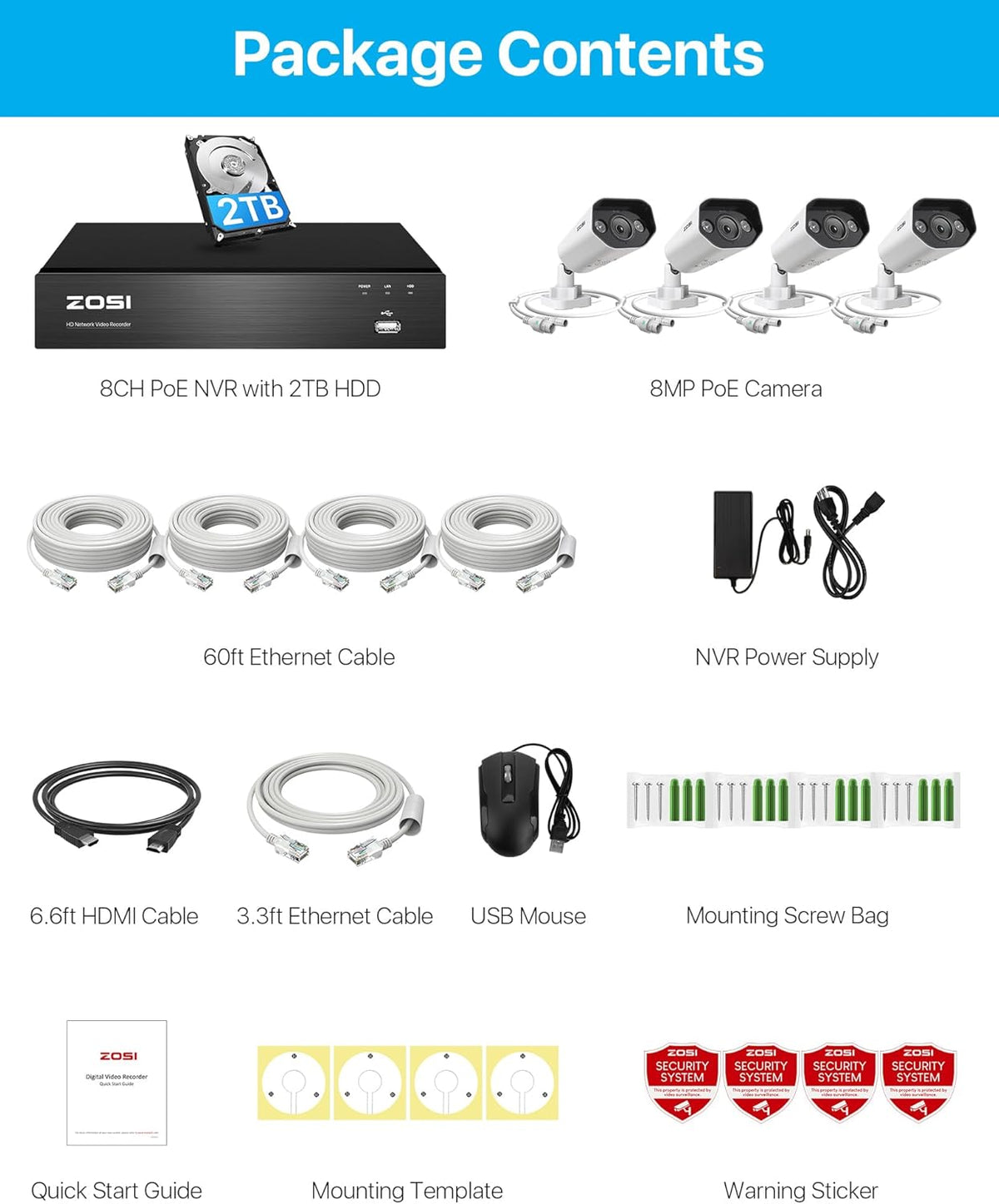 ZOSI 4K PoE Bewakingscamera Set met 8CH 2TB HDD NVR en 4X 8MP Outdoor PoE IP-Camera, Personenherkenning, Kleur Nachtzicht, Schijnwerper Buiten Smart Videobewakingssysteem