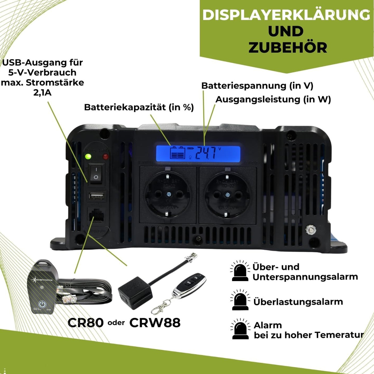 solartronics Spanningsomvormer FS1500D 24V 1500/3000 Watt pure sinus BLAUW m. Display FS serie LiFePO4 Lithium AGM Gel lood inverter omvormer