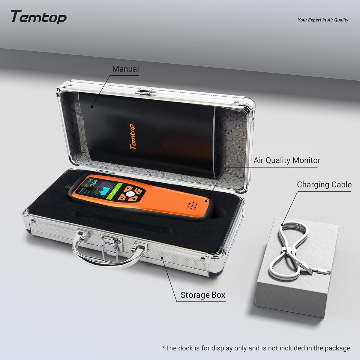 Temtop Luchtkwaliteitsmonitor voor PM2.5 PM10 Deeltjes CO2 HCHO Temperatuur Vochtigheid Instelbaar Audio Alarm Opnamecurve Eenvoudige kalibratie Kleurrijk display (M2000 2nd)