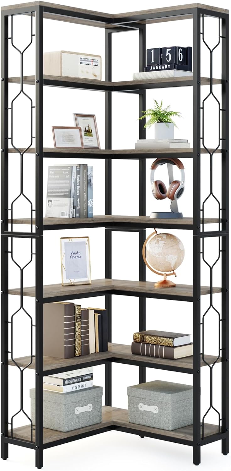 Tribesigns Corner Bookshelf, 7 Tier Industrial Corner Bookcase, Wooden and Metal Corner Shelf, Freestanding Display Shelf for Living Room, Kitchen, Home Office (Grey)