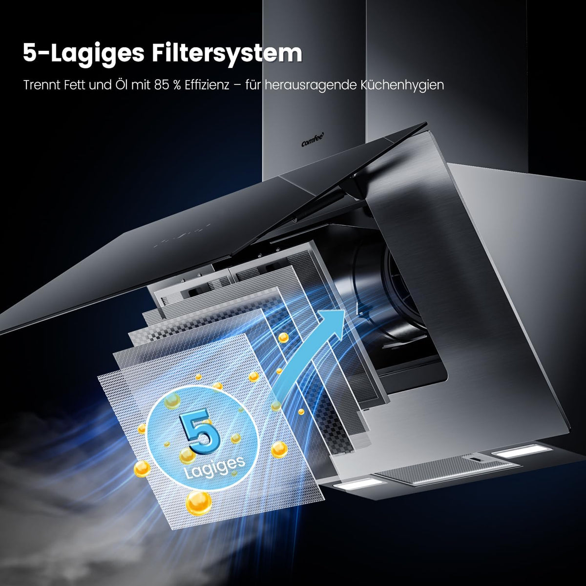 COMFEE ANGJ72B-90PRO-EU Afzuigkap A++, 90 cm, 800 m³/h luchtstroom, kopvrije wandkap met convectie en afvoerlucht, touchscreen, gebarenbediening, 4 snelheden, 68 dB, led