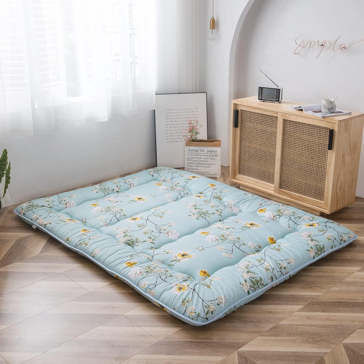 MAXYOYO Japanse vloermatras Futon-matras, Dikker Tatami-mat Slaapmat Opvouwbaar Opklapbaar Matras Slaapzaal Matras Pad Vloerligbed Kussen Bed (Groen Bloemen, Eenpersoons)
