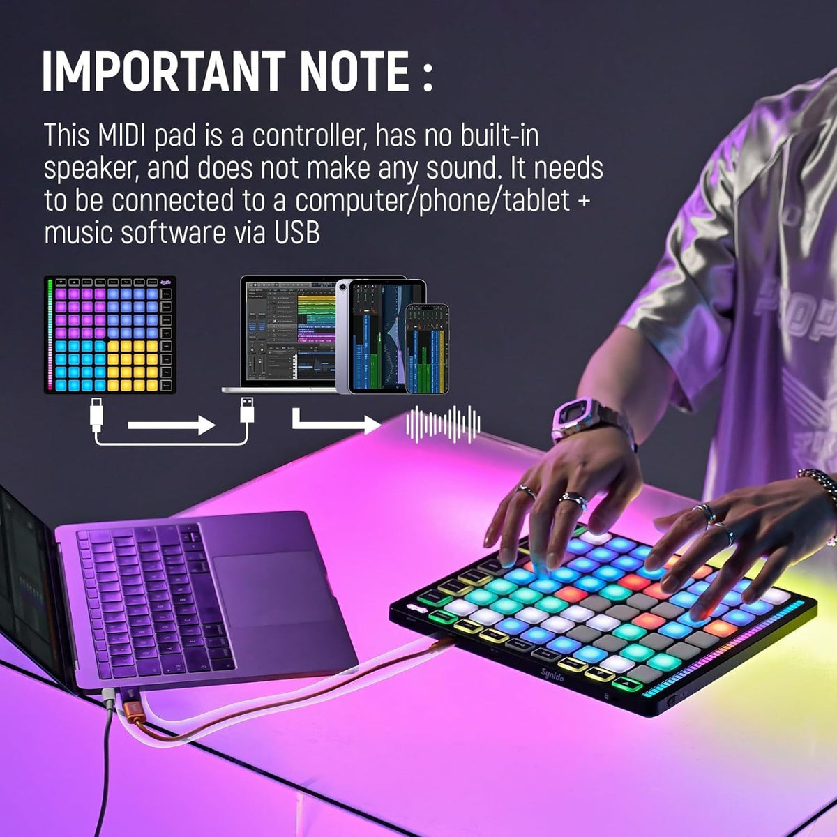 Synido TempoPAD Z-1 Beat Maker MIDI-controller met 64 Beat Pads voor muziekproductie, USB-midi-controller met eenvoudige modus voor beginners