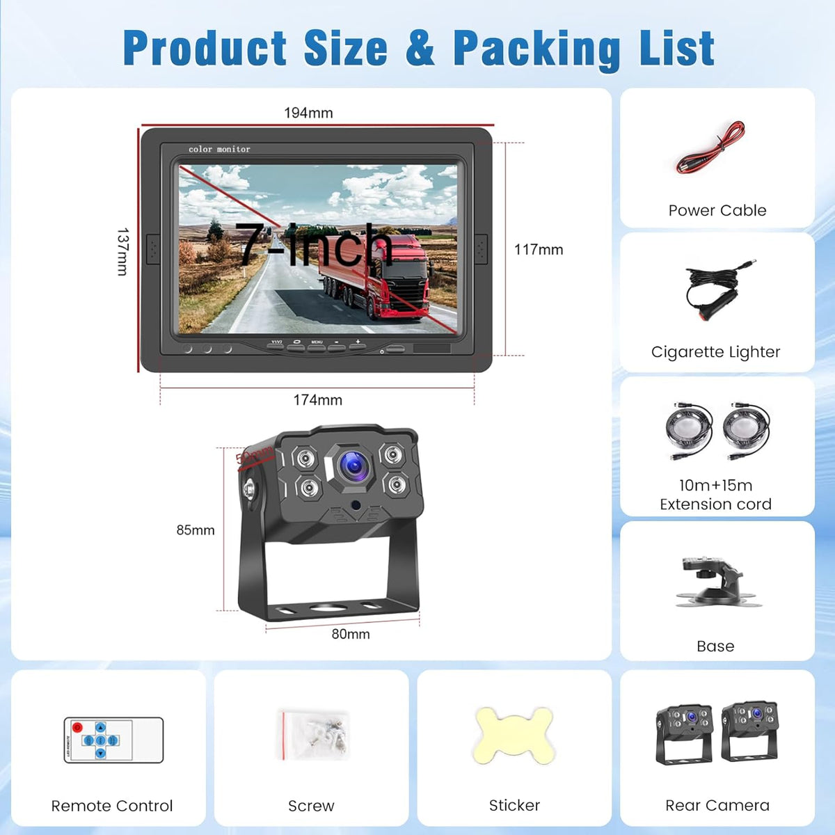 Achteruitrijcamera, 2 camera's, 7 inch, IPS-monitor, AHD-camera, waterdicht, nachtzicht, kabel voor achteruitrijcamera, back-upcamera, parkeerhulp voor vrachtwagen, aanhanger, bus, bestelwagen