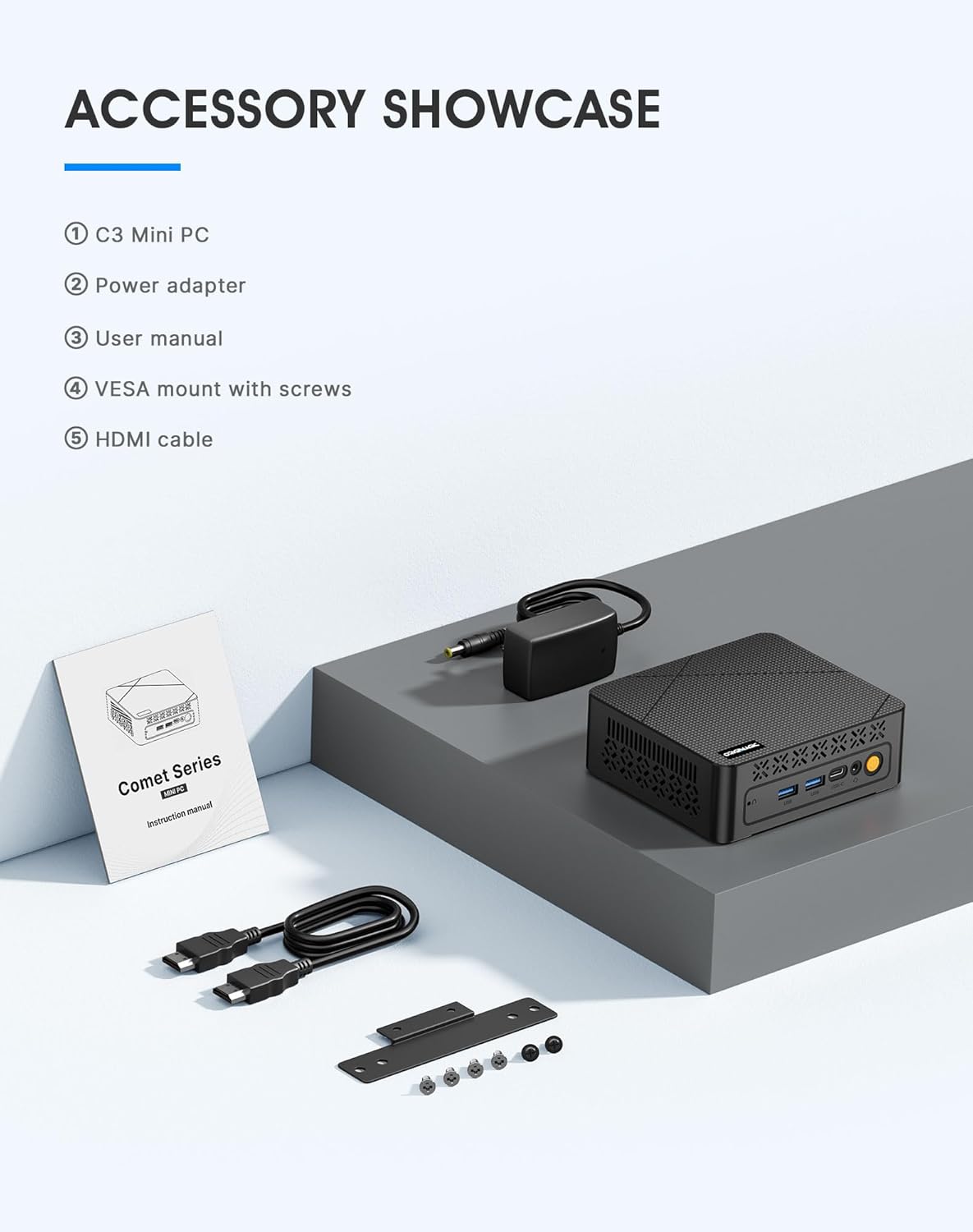 C3 Mini PC Core i3 5005U (tot 2,0 GHz, 2C/4T), 8 GB DDR3 RAM 512 GB SSD, Dual Display/W10 Pro/WiFi 5/BT5.0/RJ45 LAN, Desktop PC voor Kantoor/Huis/Onderwijs