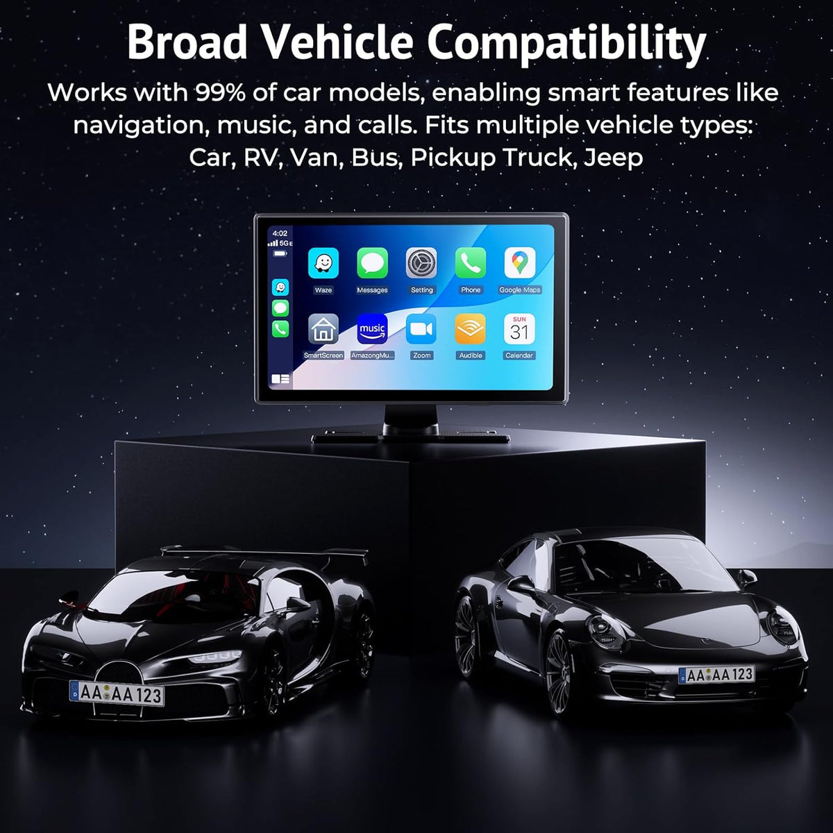 CarPlay Draagbaar autoscherm, IPS HD, 9 inch, draadloos CarPlay en Android Auto Touchscreen met SuperLink camera, 4K achteruitrijcamera, 1080p gesp opname