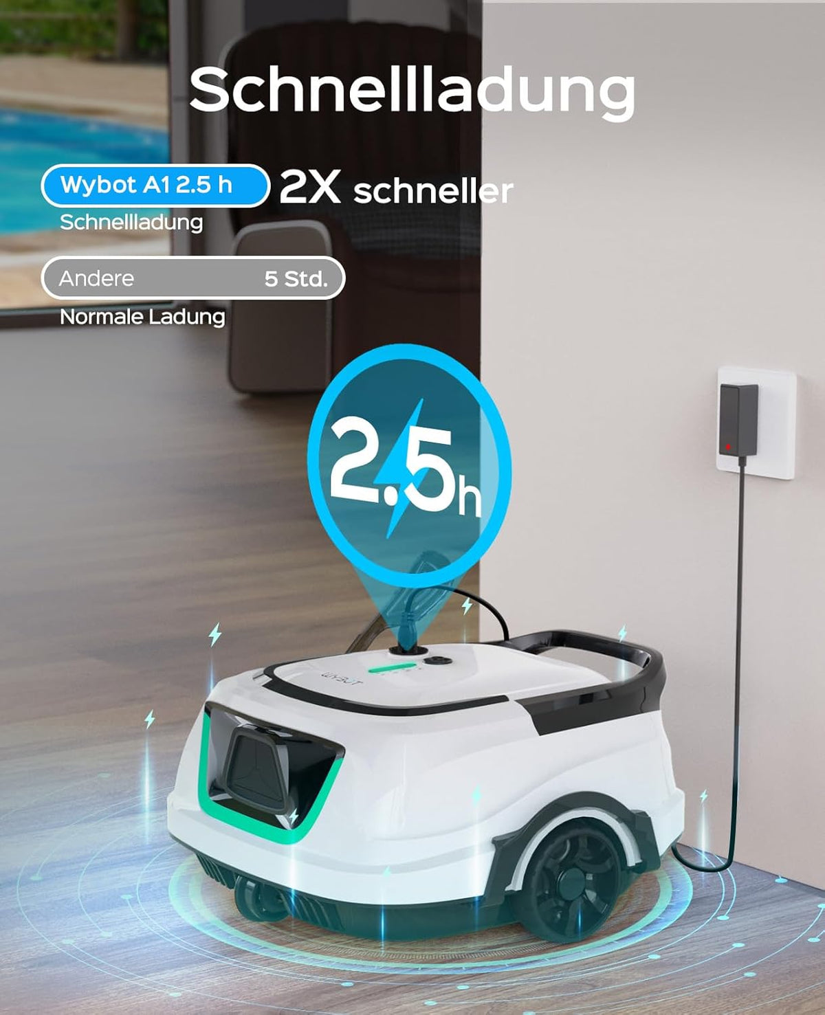 WYBOT A1 zwembadrobot (2025 upgrade), looptijd tot 120 minuten, draadloos met dubbel filter en zwembadrobot-accu, zwembadrobot voor opbouwzwembad tot 100 m² (parelwit groen)