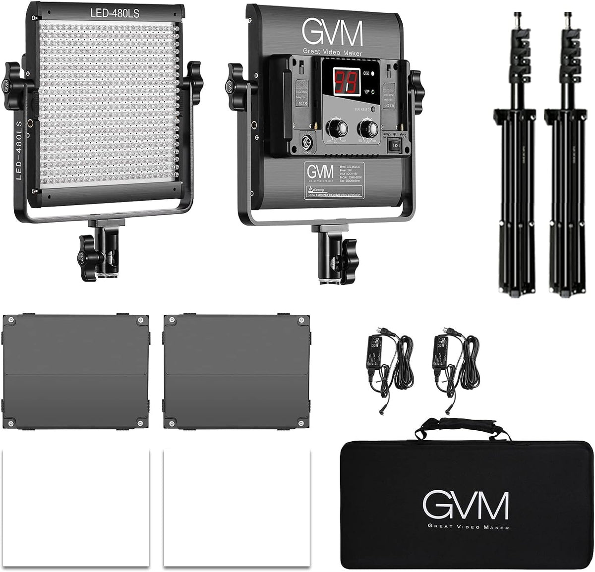 GVM 480 led-videolamp met statief, app-bediening, led-studiolamp, 13000 lux/0,5 m, tweekleurige temperatuur, 2300 K-6800 K, led fotografie, continu licht voor studio, video-opname, fotografie,