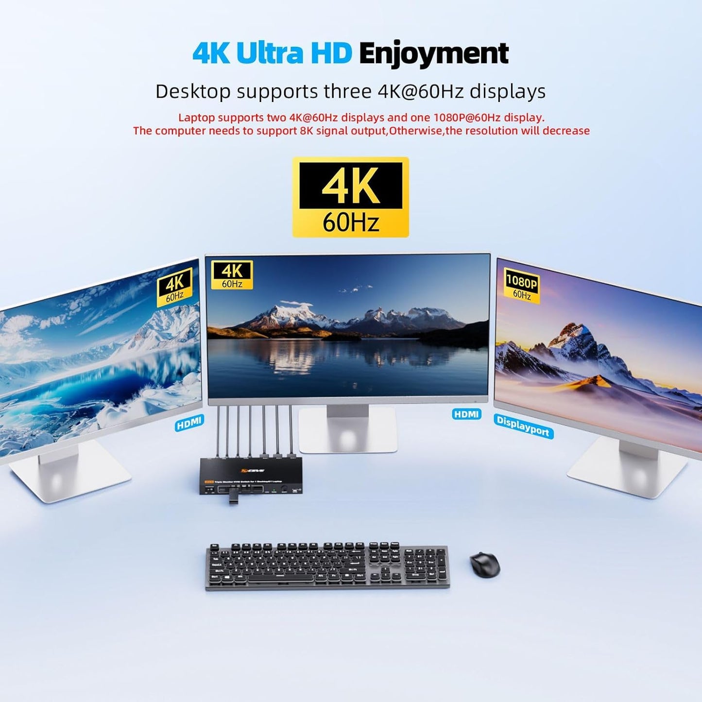 Triple Monitor KVM Switch voor 1 Laptop 1 Desktop, USB 3.1 KVM Switch 2 PC 3 monitoren USB C HDMI DP Delen 4 USB Device Muis, Toetsenbord, 100W PD, 4K @60Hz, MST, bedrade afstandsbediening