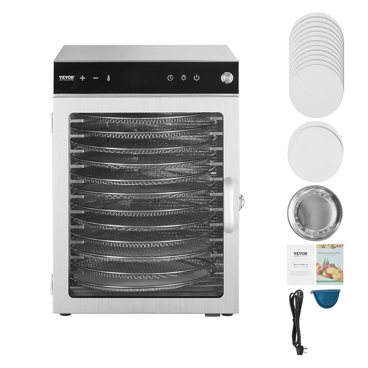 VEVOR Voedseldroger, 12 schalen van roestvrij staal, 800 W, met instelbare temperatuur en 24-uurs timer voor droog, fruit, groenten, kruiden