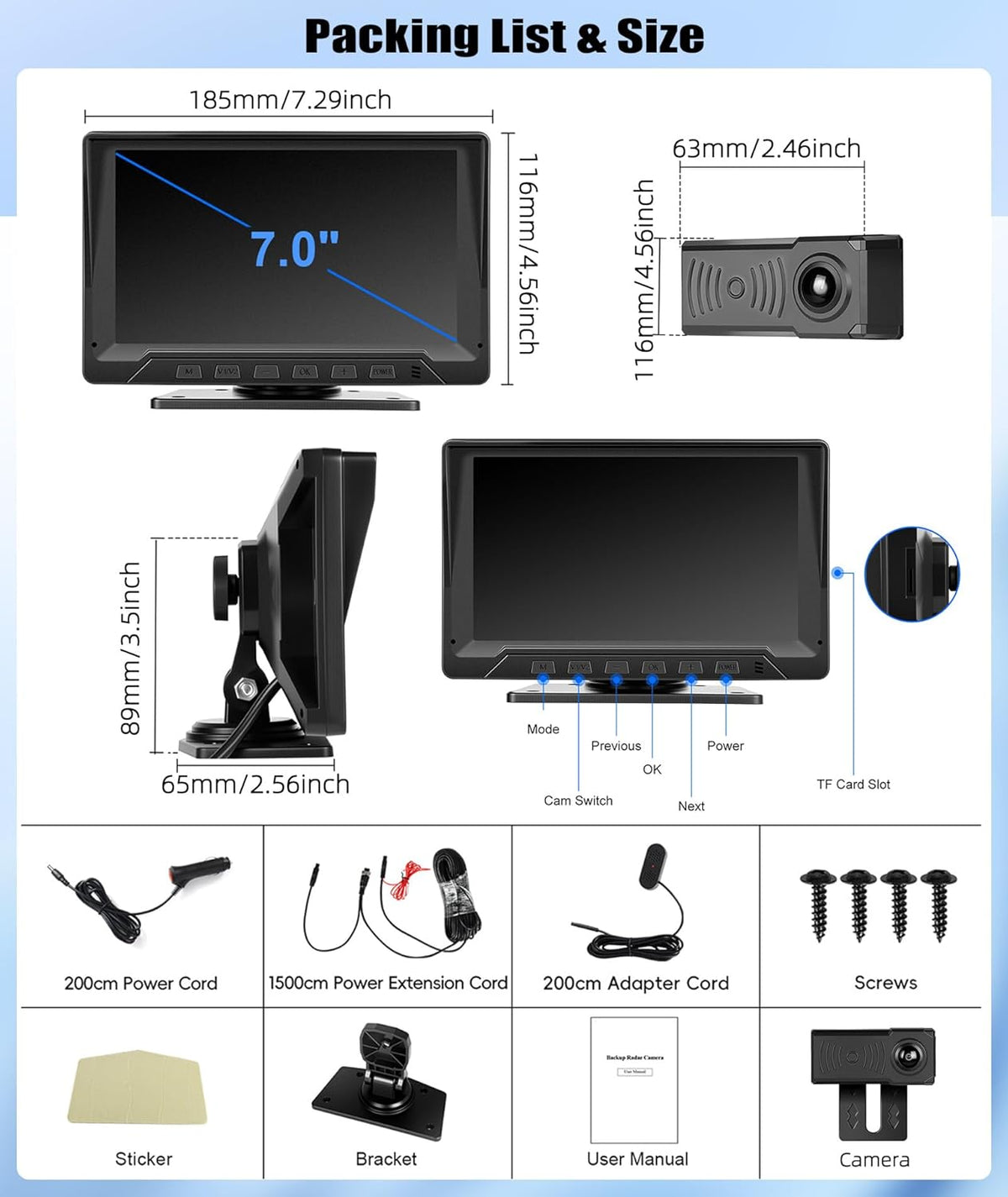 OiLiehu Bedraad Achteruitrijcamera Systeem Kit, HD 1080P 7-inch Monitor en Infrarood Nachtzicht Camera