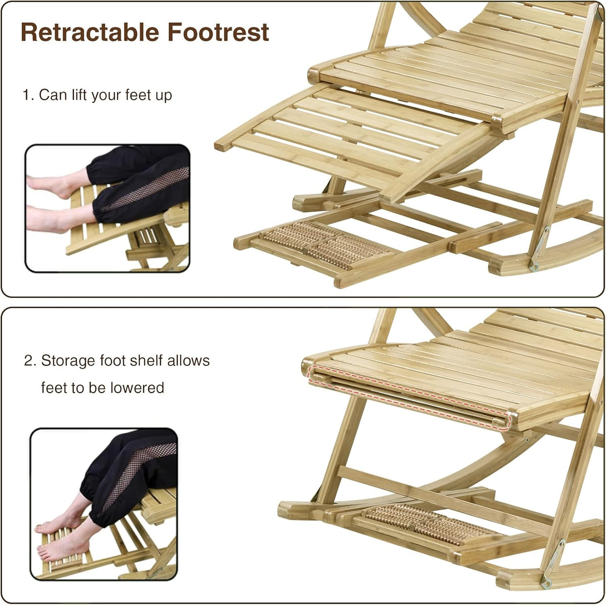 FATIVO Klapstoel, schommelstoel, bamboe, verstelbaar, 5 niveaus, schommelstoel met balkon, tuin, met massage, voetensteun, armleuning en kussen, maximale belasting van 150 kg