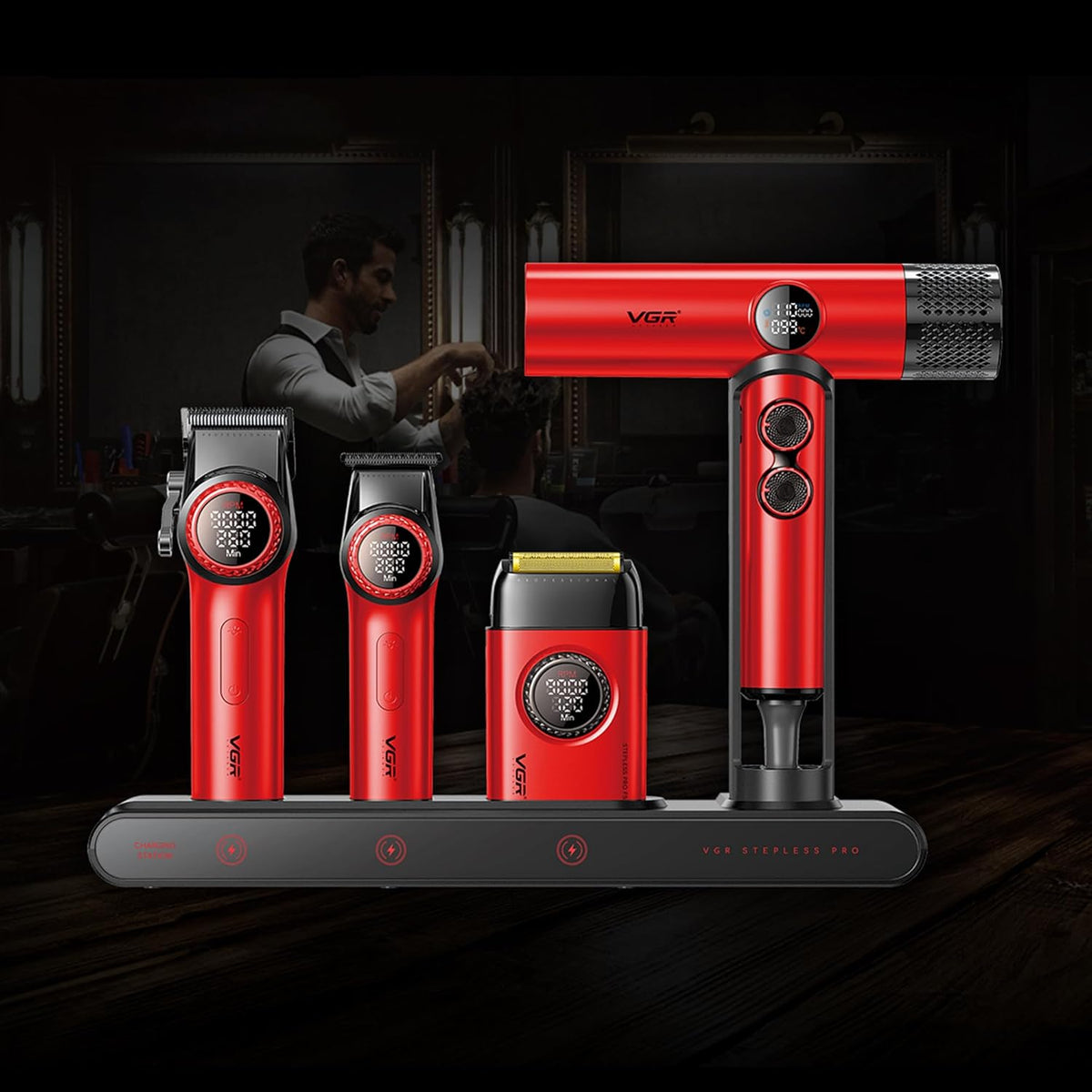 VGR Professional Barber Combo van Tondeuse, Trimmer, Foliescheerapparaat en Ionische Föhn, 4-in-1 Compleet Set met Krachtige Upgraded Motor, Oplaadstation, LED-display, Luxe Opbergkoffer, Rood