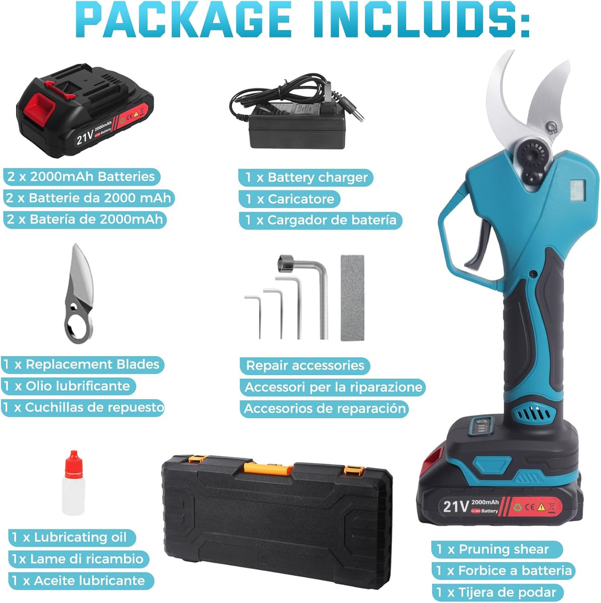 Bostar Elektrische tuinschaar, 40 mm, met telescoopstang met 2 x 2000 mAh batterijen, 2-in-1 set, elektrisch, voor het snoeien van bomen, erf