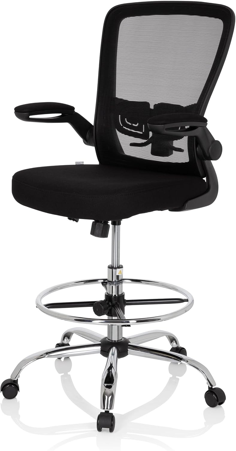 hjh OFFICE Vendo Work 719901 Werkstoel van netstof, zwart, armleuningen inklapbaar, ring-voetensteun