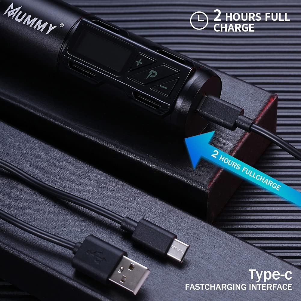 Mummy Draadloze roterende batterijpen, tattoo-cartridgemachine, roterende pen met 1800 mAh draadloze powercoreless motor, digitaal display, tattoo-apparatuur, zwart