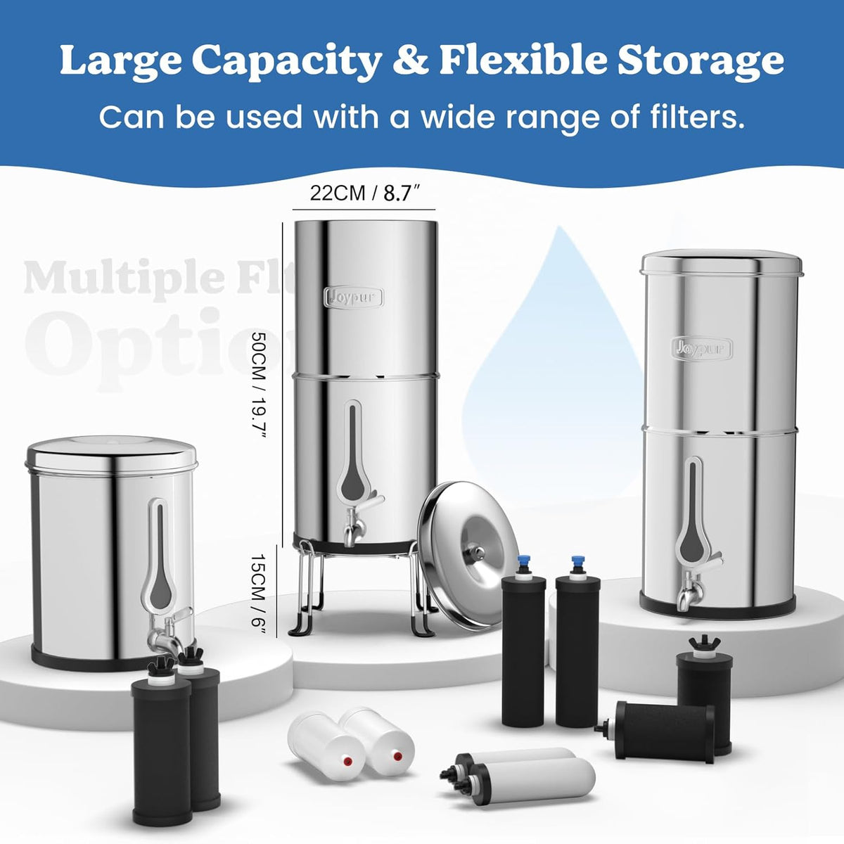 Waterfiltersysteem met druppelvormig kijkvenster, zwaartekracht, waterfilter, drinkwater met 4 filters, voor thuisgebruik, camper, reizen