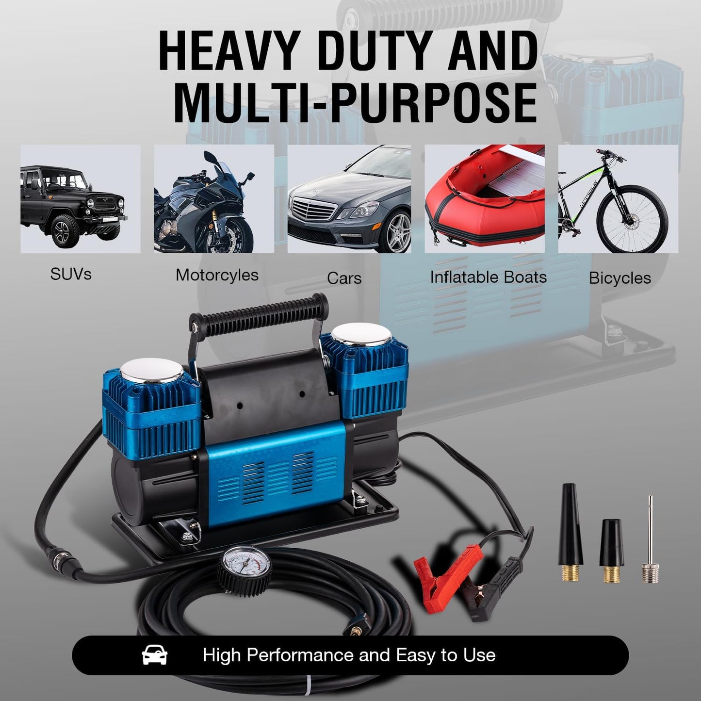 KATSU Tools Professionele auto-luchtcompressor, 2 cilinders, 150 psi, 12 V, 90 ampère, groot volume, draagbare luchtcompressor, bandenpomp voor 4WD auto, bestelwagen, trucks, fiets