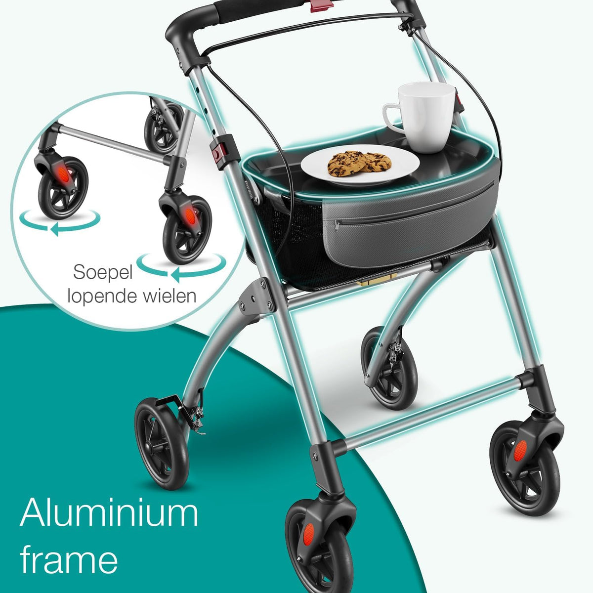 ELONEO Lichtgewicht Rollator voor Binnen - 54 cm Breed, Opvouwbaar Looprek met Dienblad en Stoffen Mandje, Smalle Rollator van Aluminium, Inklapbaar Mobiliteitshulpmiddel, Zilver