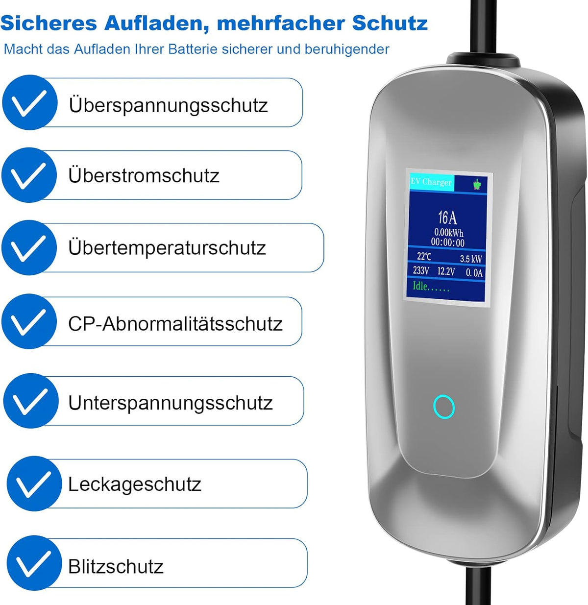 AIMAX EV Chargers 3,5 kW 16 A type 2 oplaadkabel Schuko Mobile Wall Box laadstation, draagbare oplaadkabel elektrische auto type 2 EV oplader laadstations voor elektrische voertuigen en PHEV, plug and