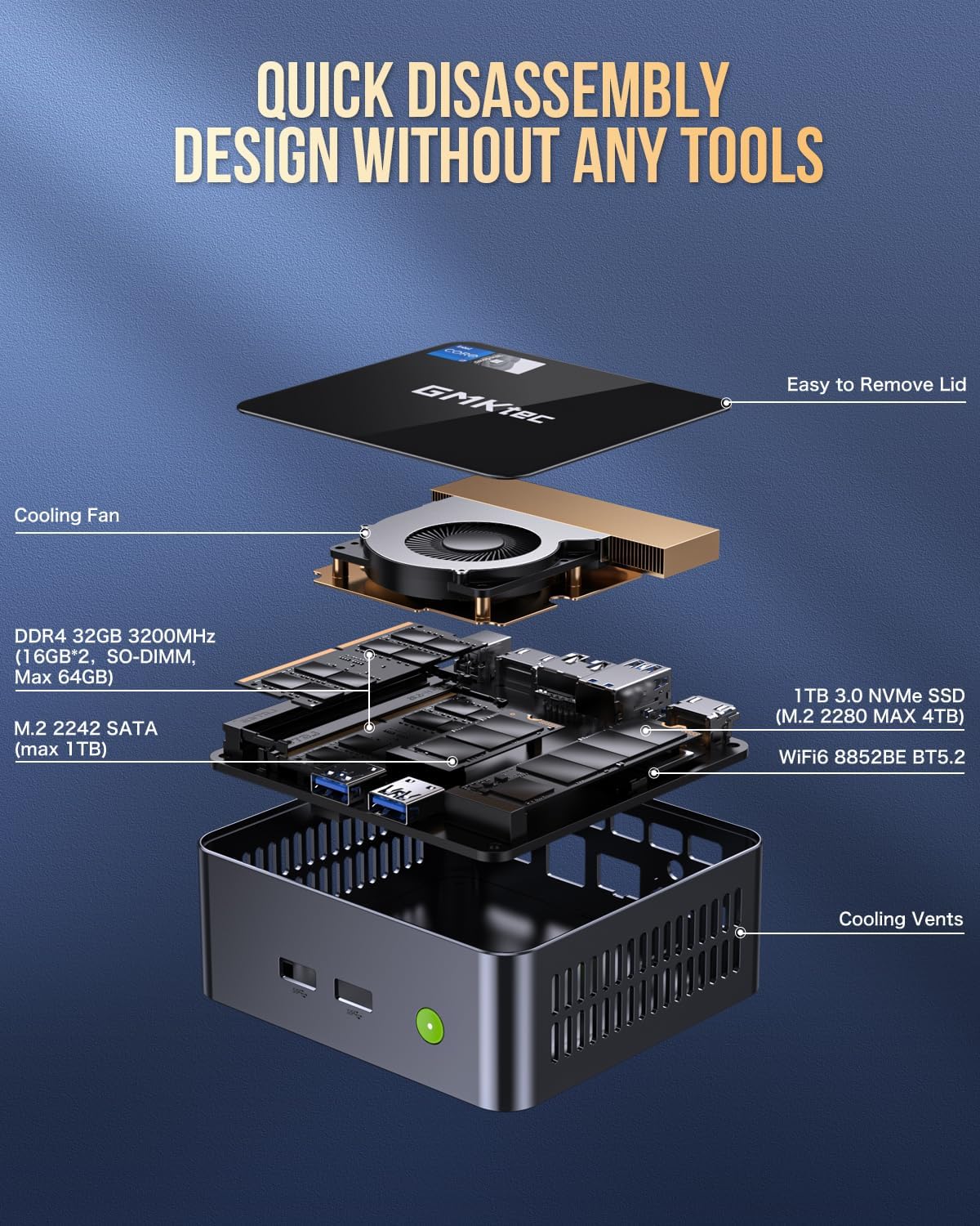 GMKtec Mini PC Intel Core i7-1185G7 (up to 4.8 GHz) 32GB DDR4 1TB SSD Desktop Mini Computers WiFi 6, BT 5.2/ DP, HDMI/RJ45 2.5G/USB4.0
