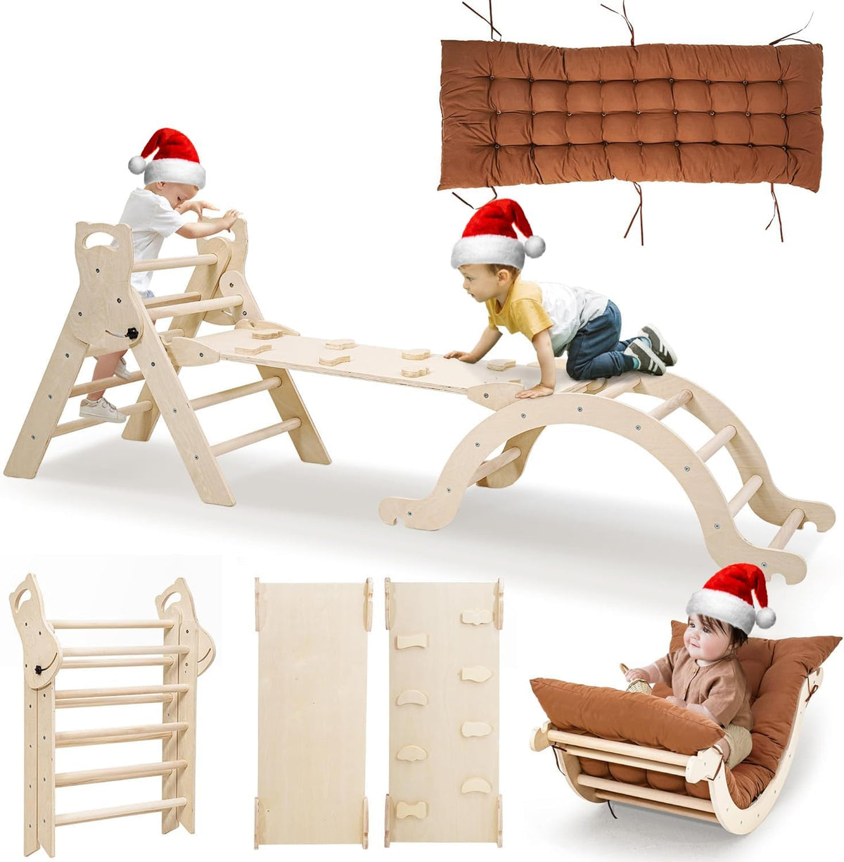 Peuter klimframe voor peuters leeftijd 1 2 3 4 5, indoor kinderen houten klimframe met glijbaan driehoek klimboog en kussen Montessori speelgoed peuter kind gym - medium (natuurlijk en ongeverfd)