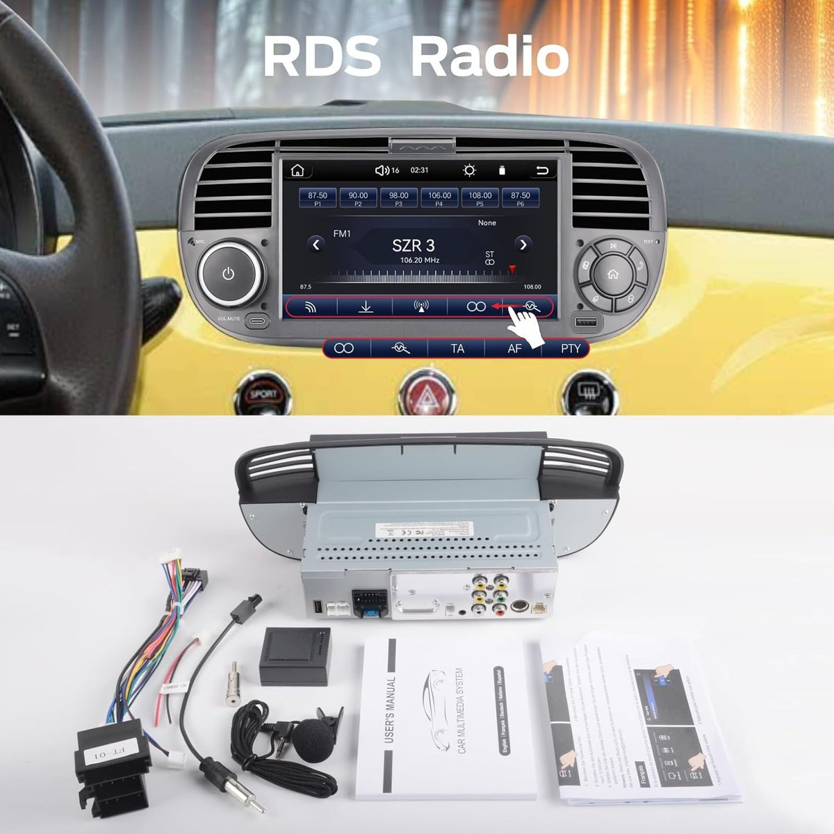 Fast Boot Linux Autoradio Compatible with Fiat 500 2007-2015 | Plug & Play | Bluetooth/Wireless CarPlay/Android Auto/FM/AM/RDS/USB | 100W DSP |Black