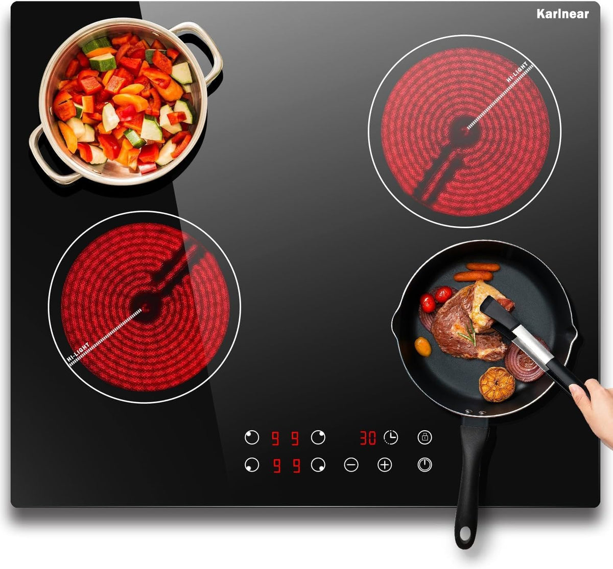 Karinear Kookplaat, 4 platen, 6000 W, keramische kookplaat, 60 cm, zelfvoorzienende inbouw, touch-bediening, kookplaat 4 kookplaten met timer, veiligheidsvergrendeling, restwarmte-indicator, 240 V