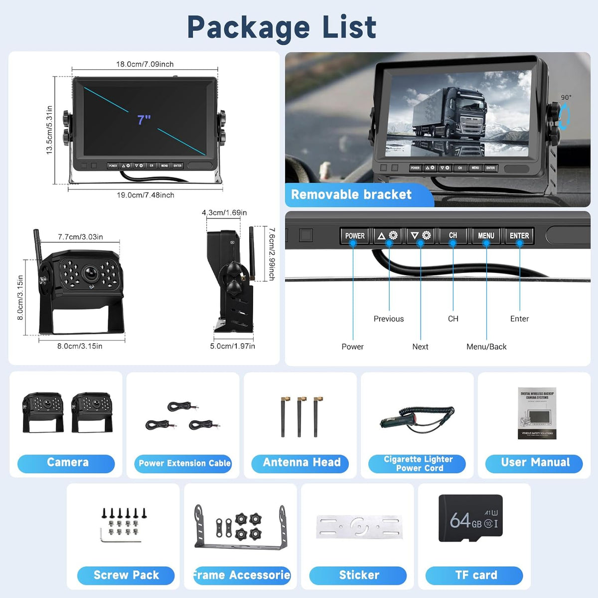Hodozzy Achteruitrijcameraset, 2 camera's, digitaal, draadloos, 7 inch IPS-beeldscherm, monitor, waterdicht, infrarood, led-nachtzicht, dubbele achteruitrijcamera, draadloze ondersteuning, lusopname,