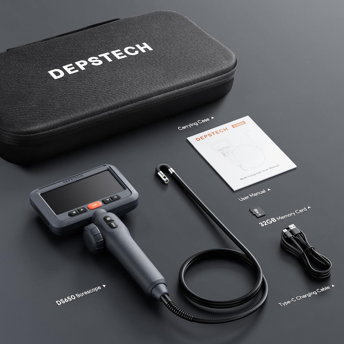 DEPSTECH Dubbele Lens 210° Twee-Weg Scharnierende Endoscoop Inspectiecamera, 1080P HD Borescoop met Licht, 4,5'' IPS Scherm, 8,5mm Sonde, 1,5M Waterdichte Flexibele Slangcamera voor Automotive, Wand