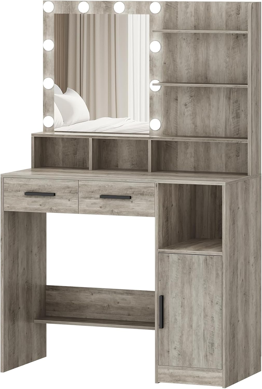 Hzuaneri Dressing Table with Mirror and 10 LED Lamps, Makeup Table with 3 Shelves and 4 Open Compartments, Dressing Table with 2 Drawers and Cabinet, 3 Adjustable Luminosities,GreigeDT32505X