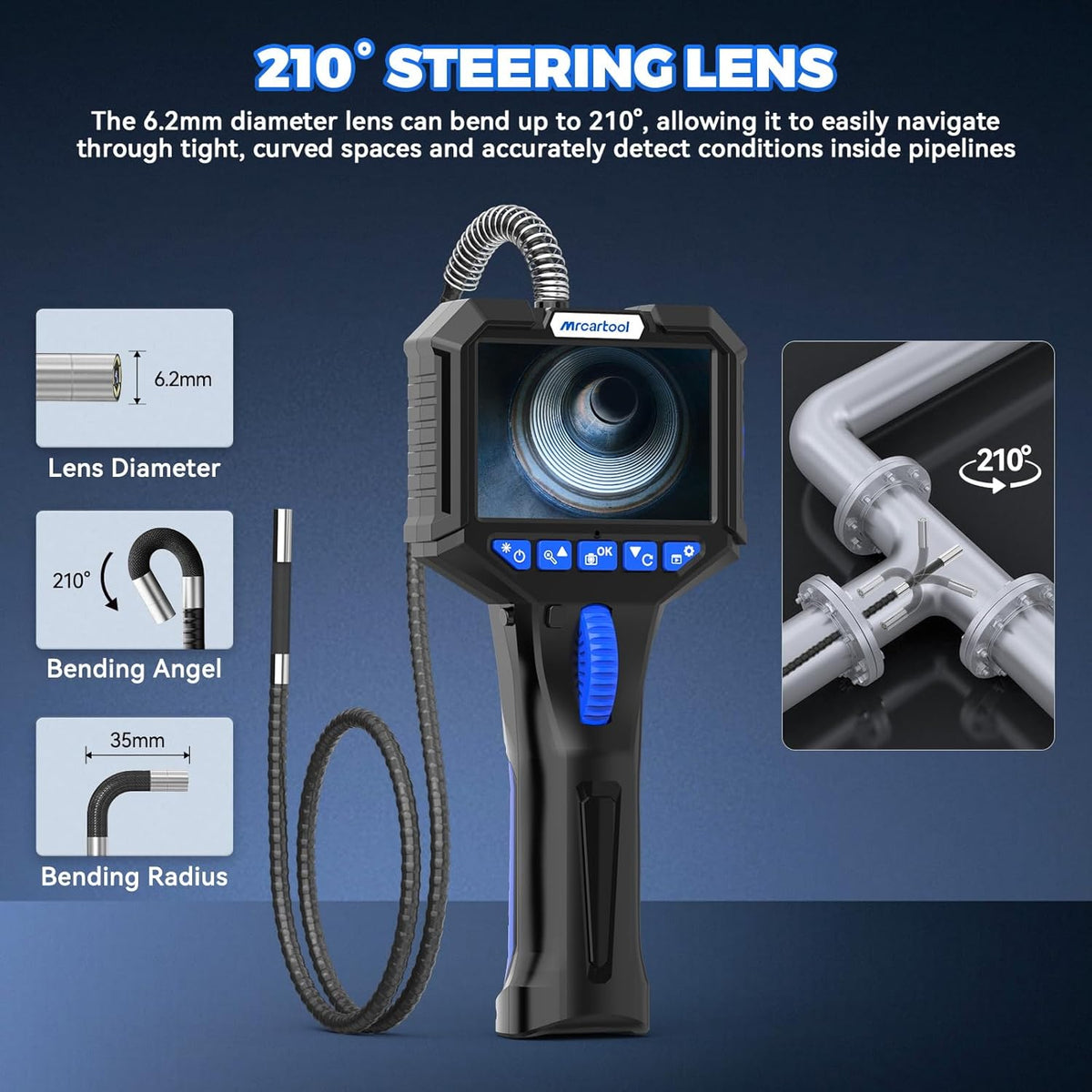 MR CARTOOL Endoscoopcamera met licht, inspectiecamera, 5 inch, IPS 1080P, industriële endoscoop, 210 graden, tweerichtingsdraaibaar, 6,35 mm endoscoop