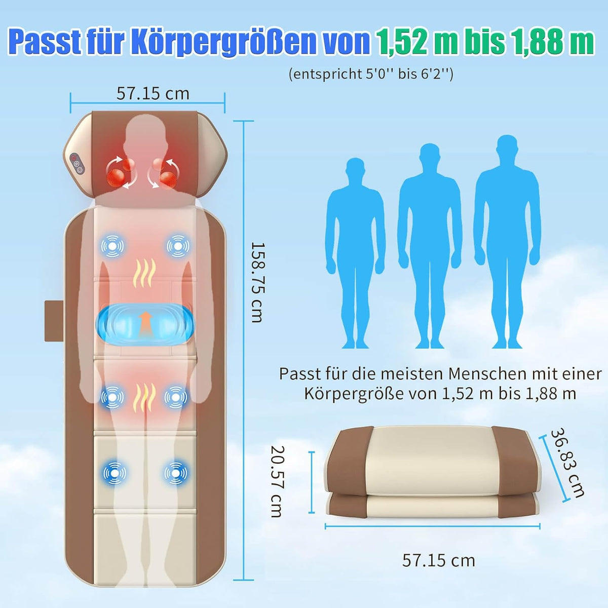 Massagemat voor het hele lichaam met warmte – Rugmassagepad – Massagekussen – Massagematras – Ontspanningsmat – 4 Massagemodi – 3D-Lendenwerveltractie – Verstelbare Taille voor 1,5 M - 1,8 M